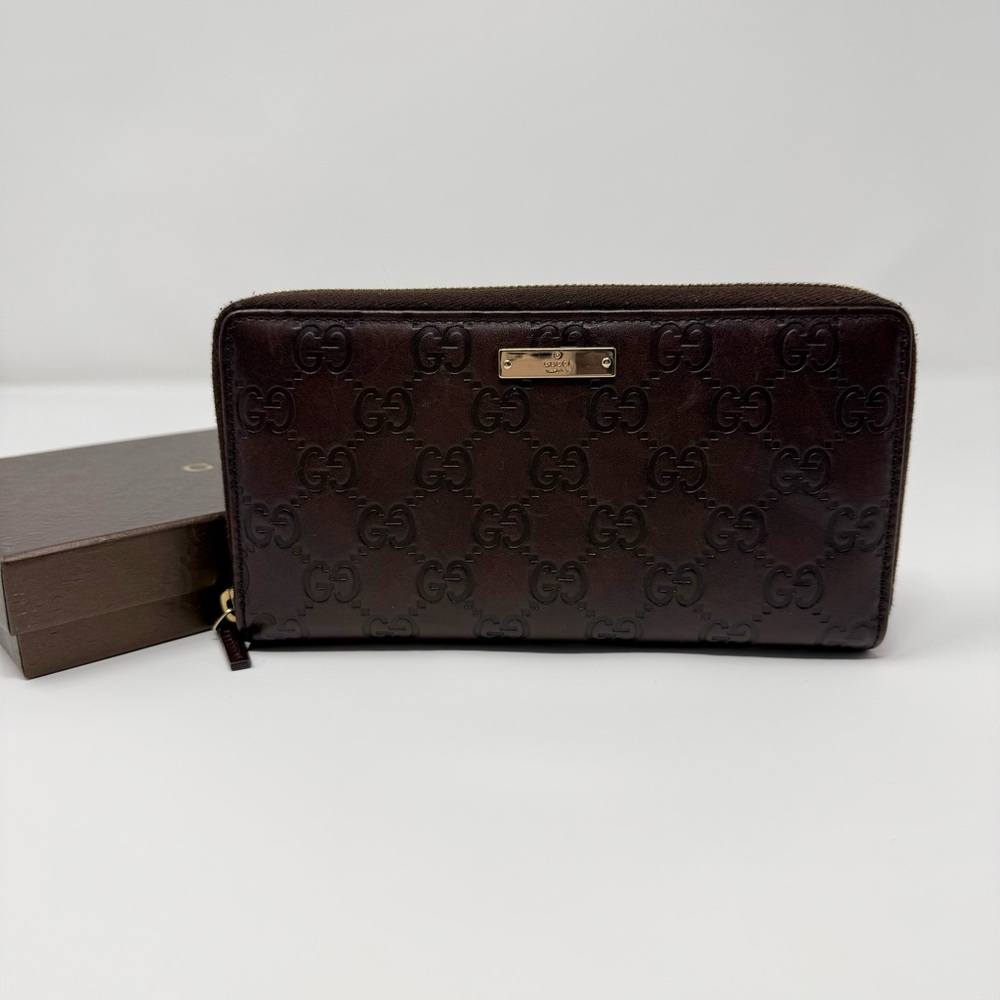 Gucci Dark Brown Guccissima Leather Zip Around Wallet with Box
